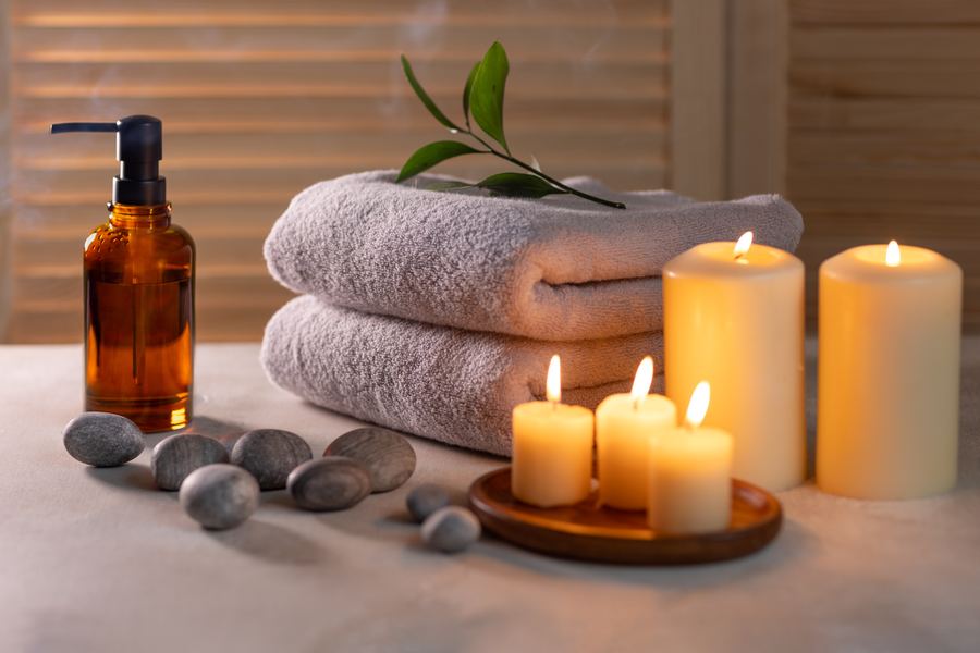 Massage therapy studio — towels, candles and oils